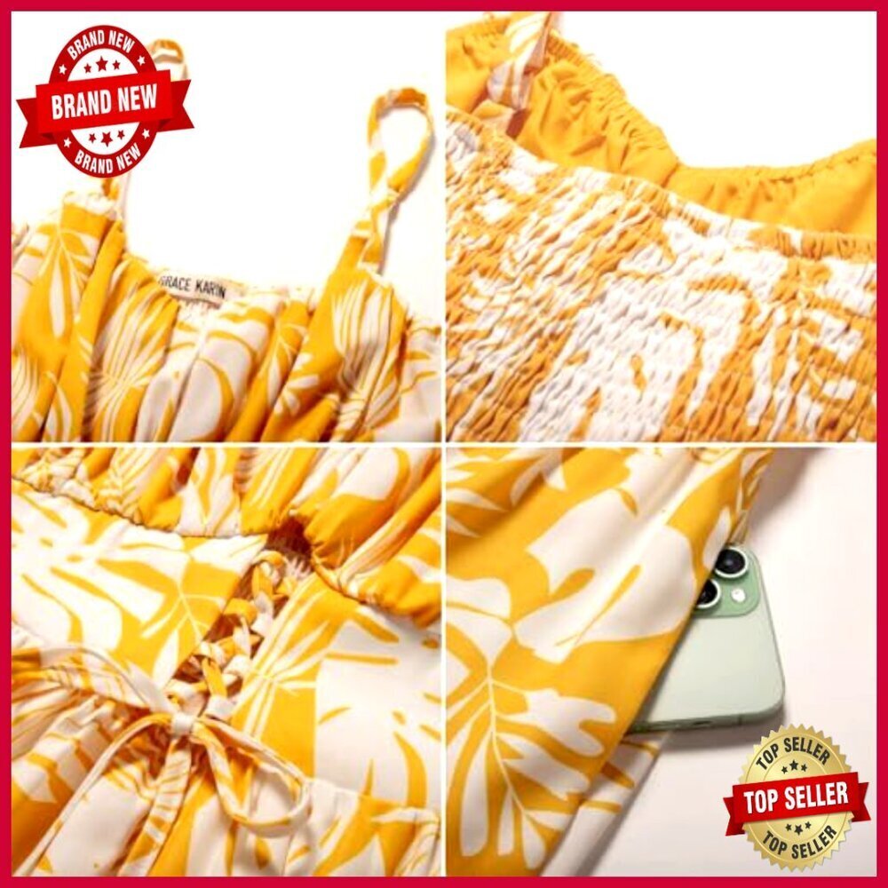 Boho Floral Maxi Dress Smocked Back Adjustable Straps Tiered Pockets Summer - Picture 6 of 7